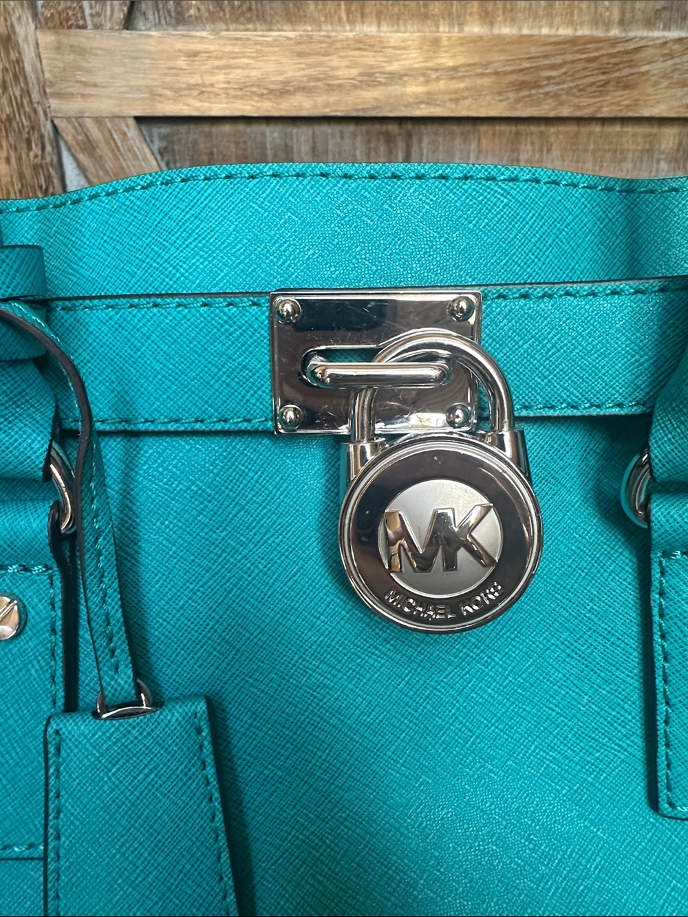 Michael Kors Turquoise Satchel Tote with Silver Padlock & Chain Shoulder Handbag - Picture 12 of 16